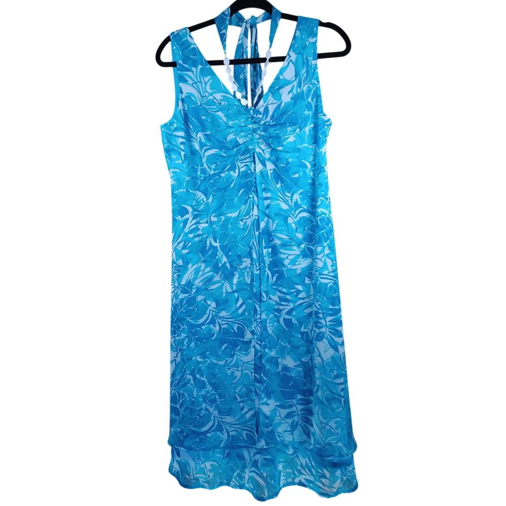 Jolibel Sz 10 Blue White Botanical Midi Dress Beaded Scarf Neck Made in Canada